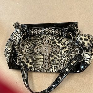 Black Leopard Print with Rhinestone Cross.